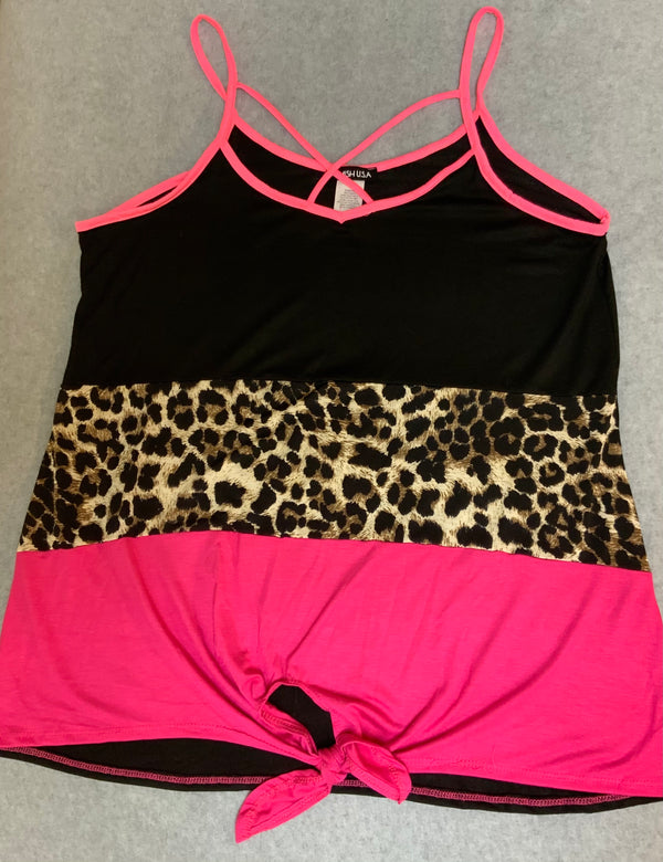 Pink and Black Spaghetti Strap Shirt with Leopard Print