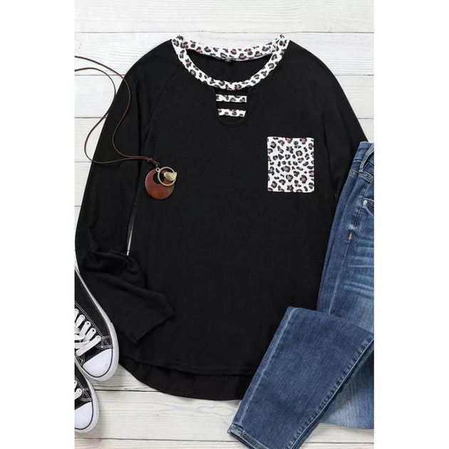 Black Black Leopard Patch Pocket Long Sleeve Top