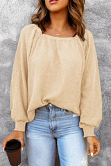Scoop Neck Puff Sleeve Waffle Knit Top