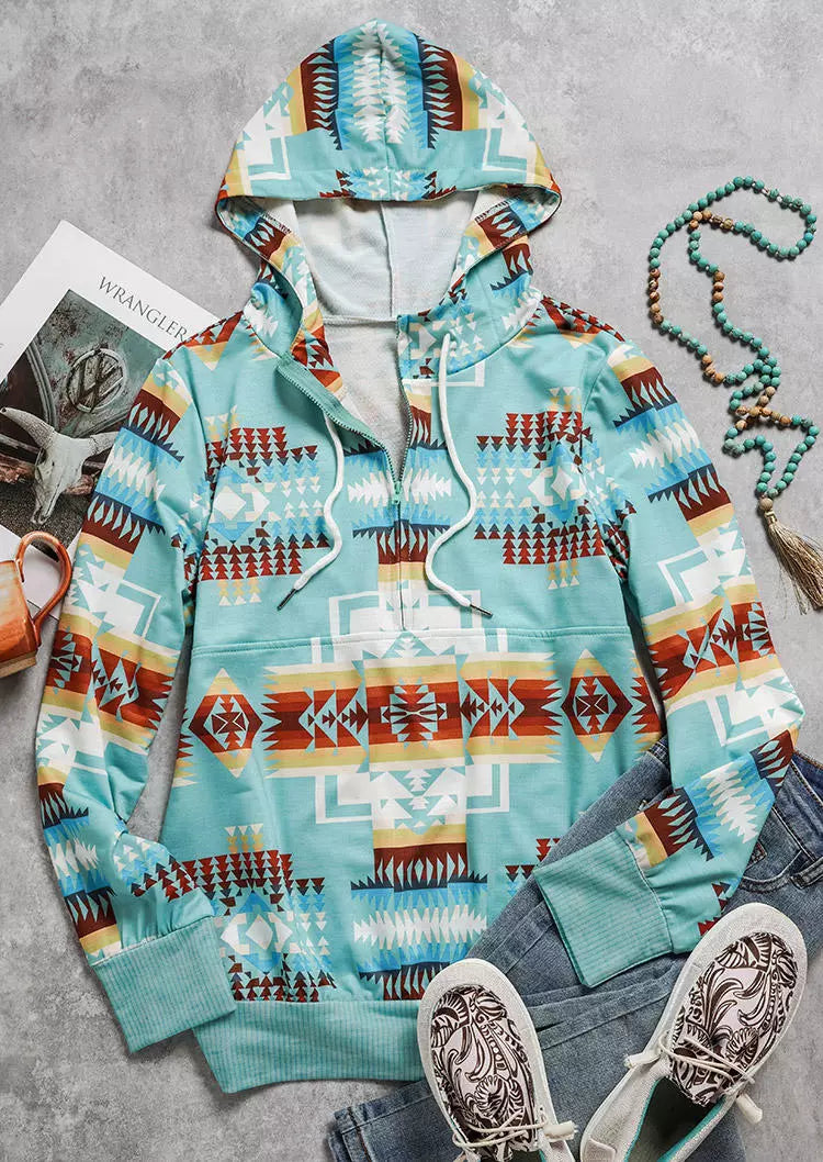 Sky Blue Aztec Geometric Drawstring Zipper Hoodie