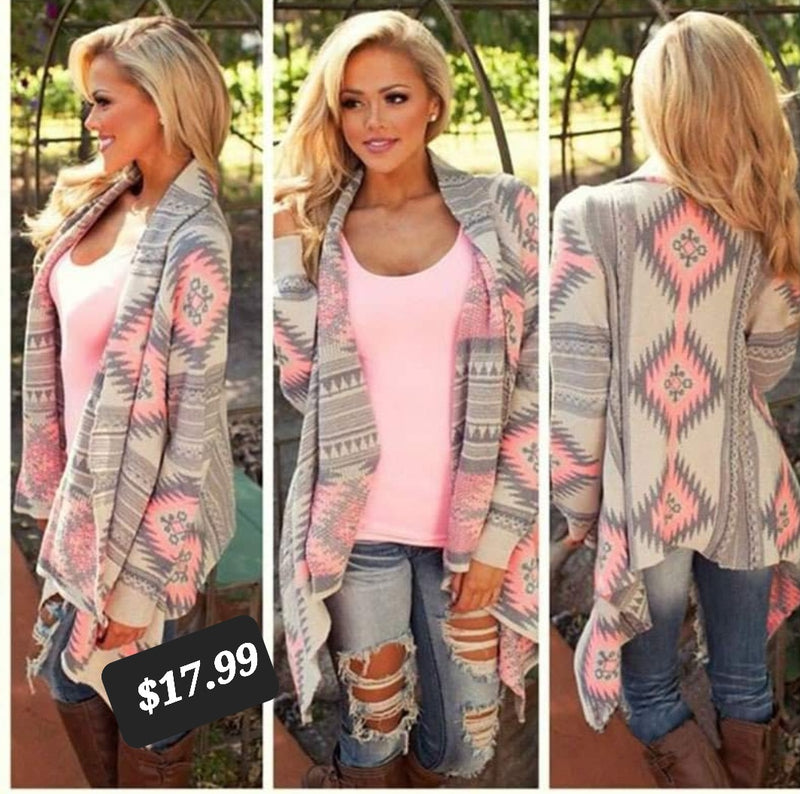 Pink and Gray Aztec Open Front Sweater