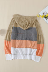Multicolor Zipped Front Colorblock Hollow-out Knit Hoodie