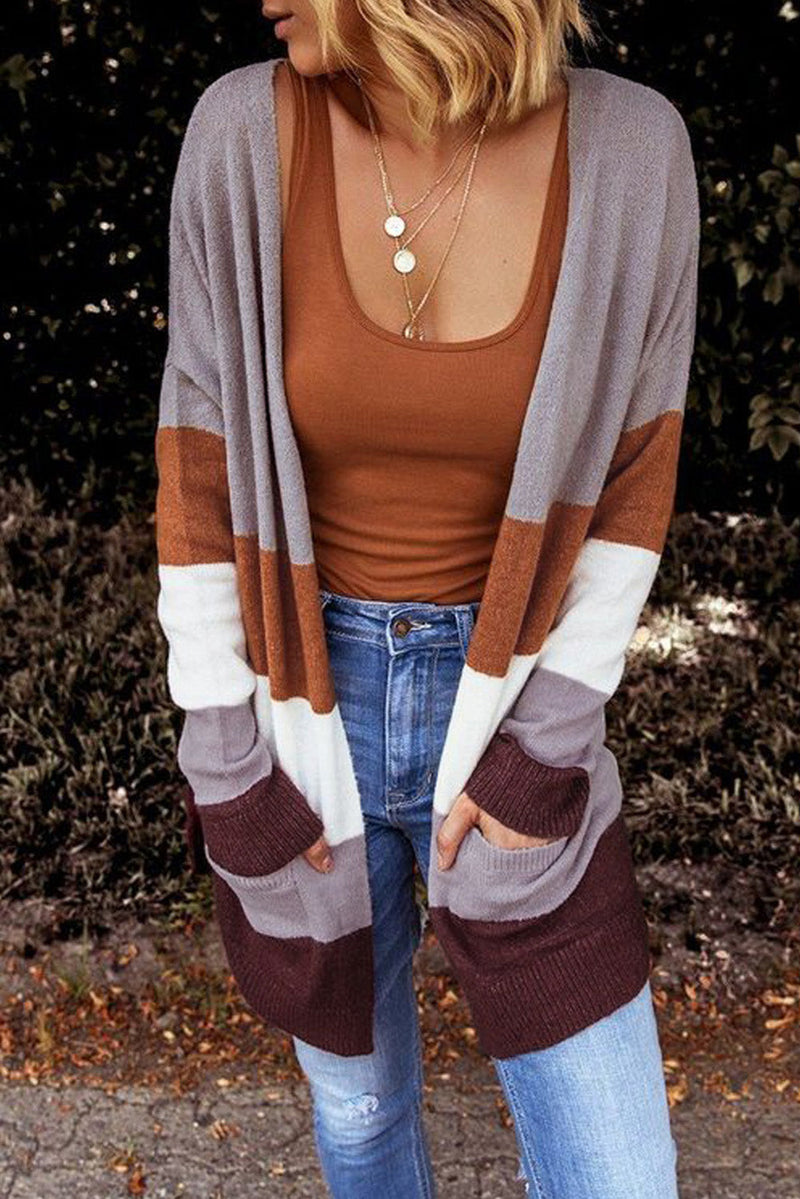 Open front color block cardigan with pockets
