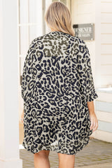 Grey Plus Size Leopard Print Open Front Kimono