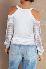 Mesh striped cut-out cold shoulder long sleeve T-shirt
