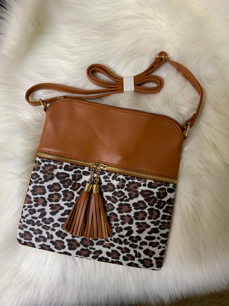 Leopard Crossbody Bag with Tassle - Brown