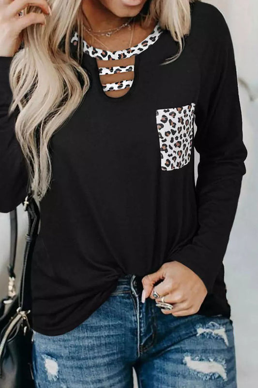 Black Black Leopard Patch Pocket Long Sleeve Top