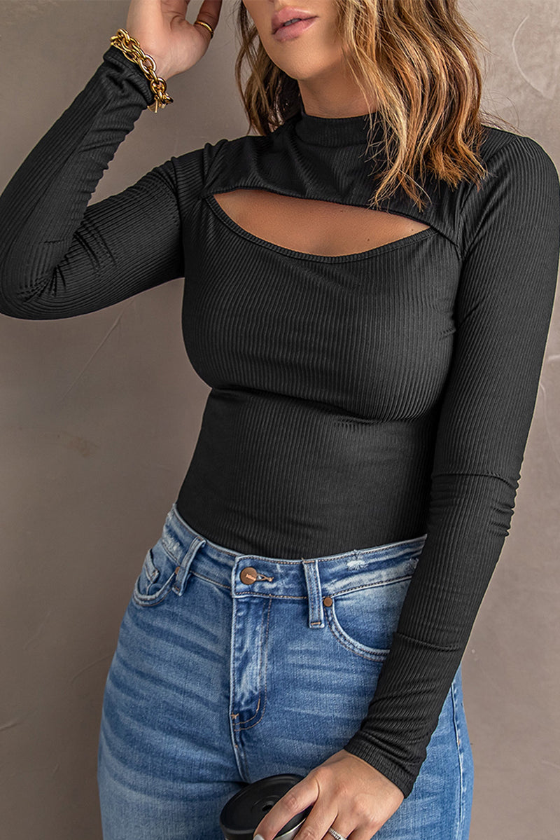 Black Cutout Mock Neck Ribbed Knit Top