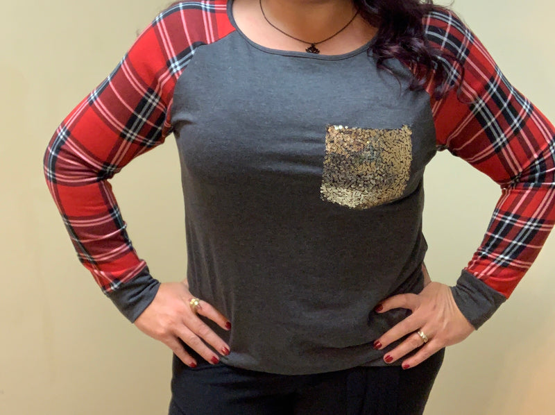 Gray with plaid sleeves