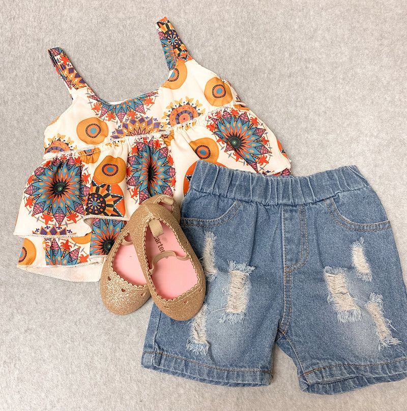 Multi Color & Distressed Shorts Outfit