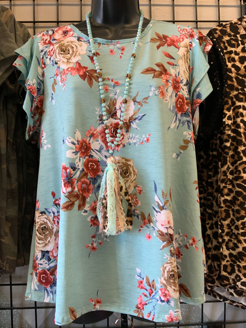 Tiffany Blue Shirt W/Flower Print